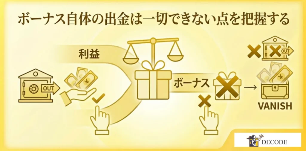 ボーナス自体の出金は一切できない点を把握する