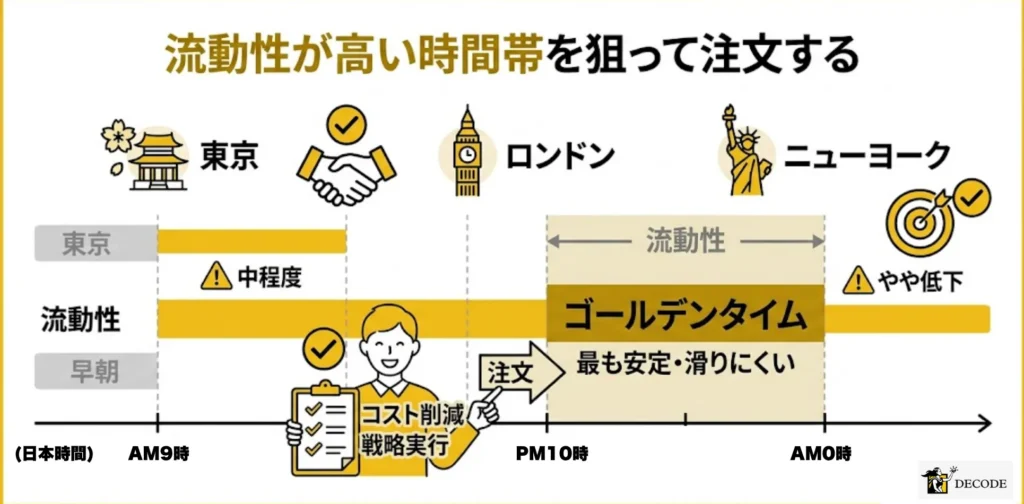 流動性が高い時間帯を狙って注文する