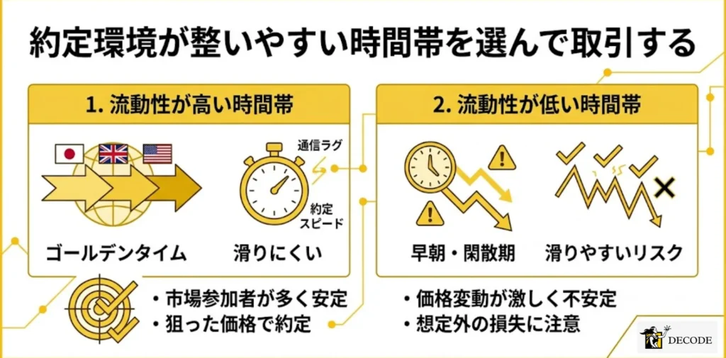 約定環境が整いやすい時間帯を選んで取引する