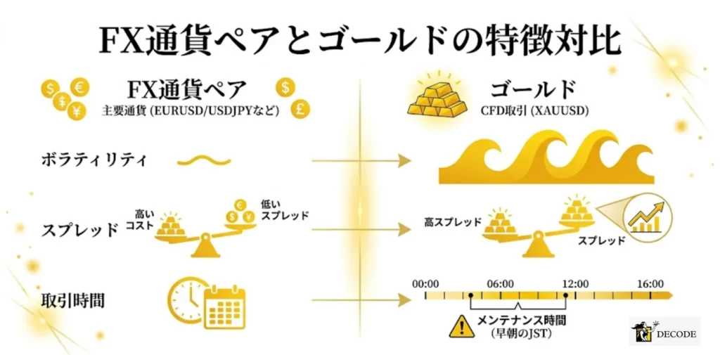 FX通貨ペアとゴールドは何が違う？特徴を項目別に対比