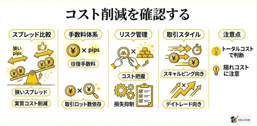 スプレッドの狭さと手数料水準で取引コストを見比べる