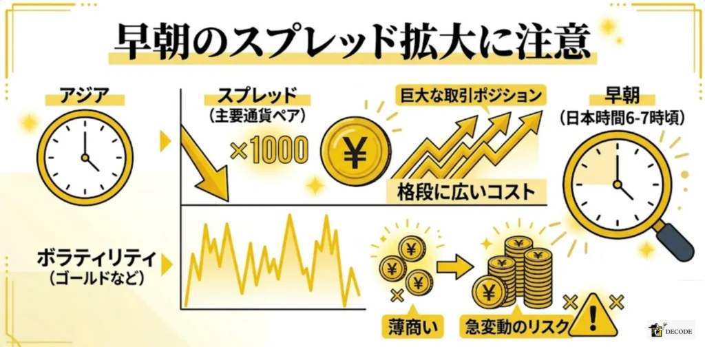 早朝の時間帯はスプレッドが拡大しやすいため要注意