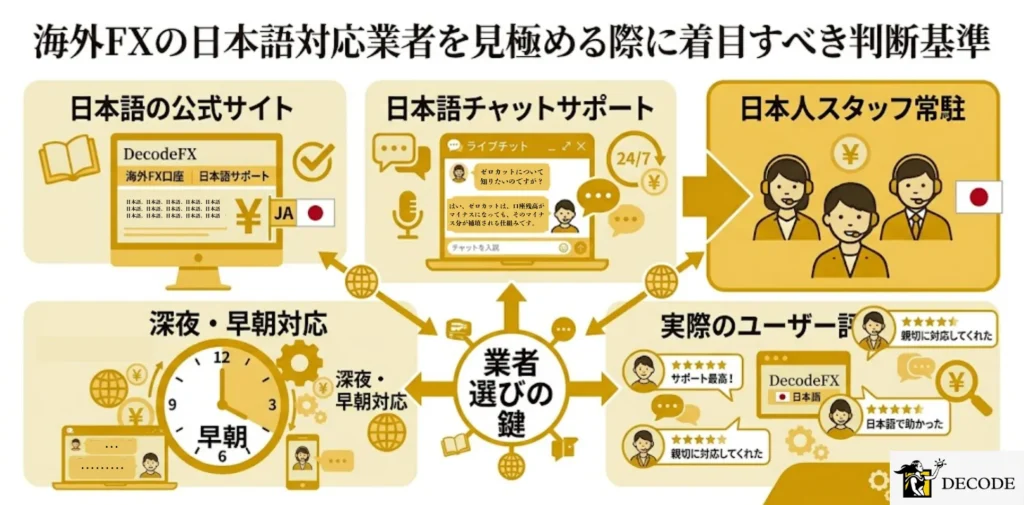 海外FXの日本語対応業者を見極める際に着目すべき判断基準
