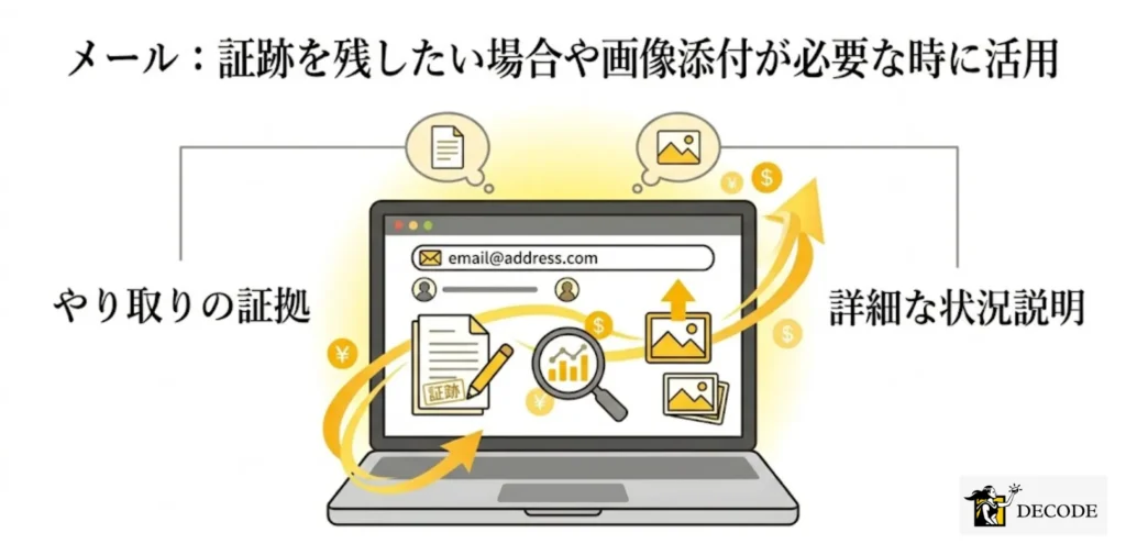 メール：証跡を残したい場合や画像添付が必要な時に活用