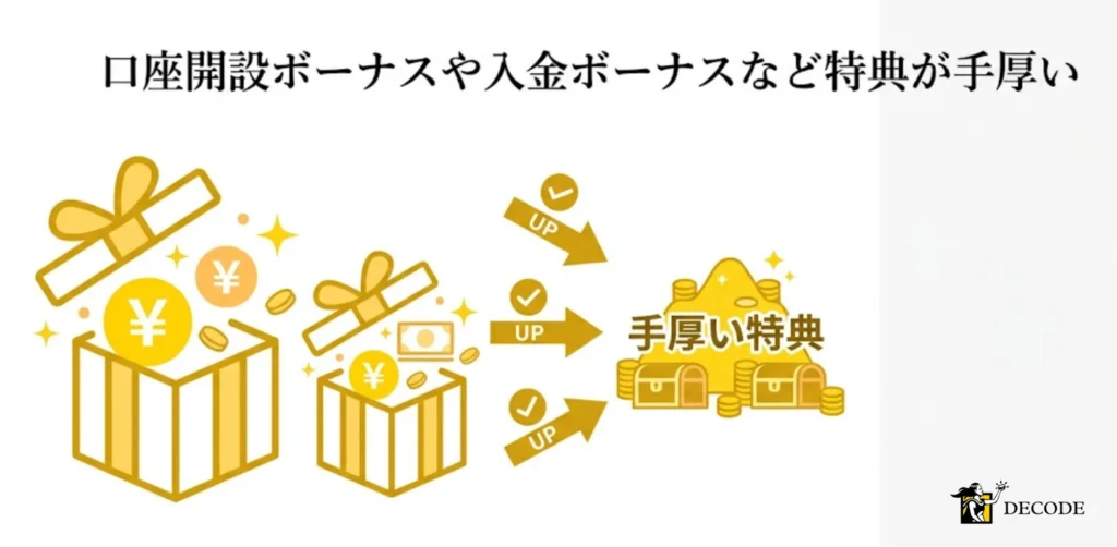 口座開設ボーナスや入金ボーナスなど特典が手厚い