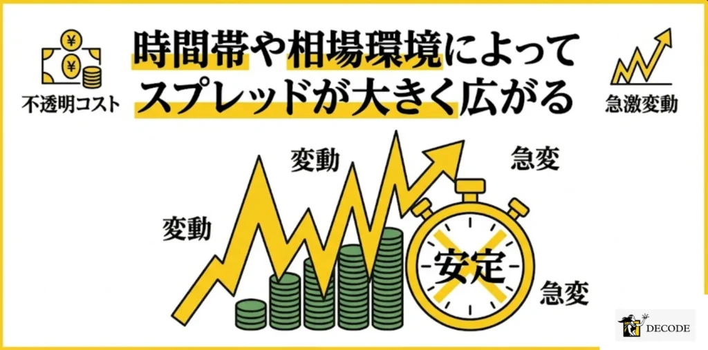時間帯や相場環境によってスプレッドが大きく広がるリスクがある