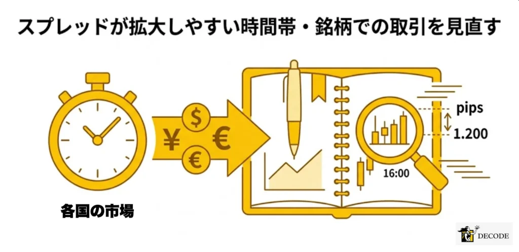 スプレッドが拡大しやすい時間帯・銘柄での取引を見直す