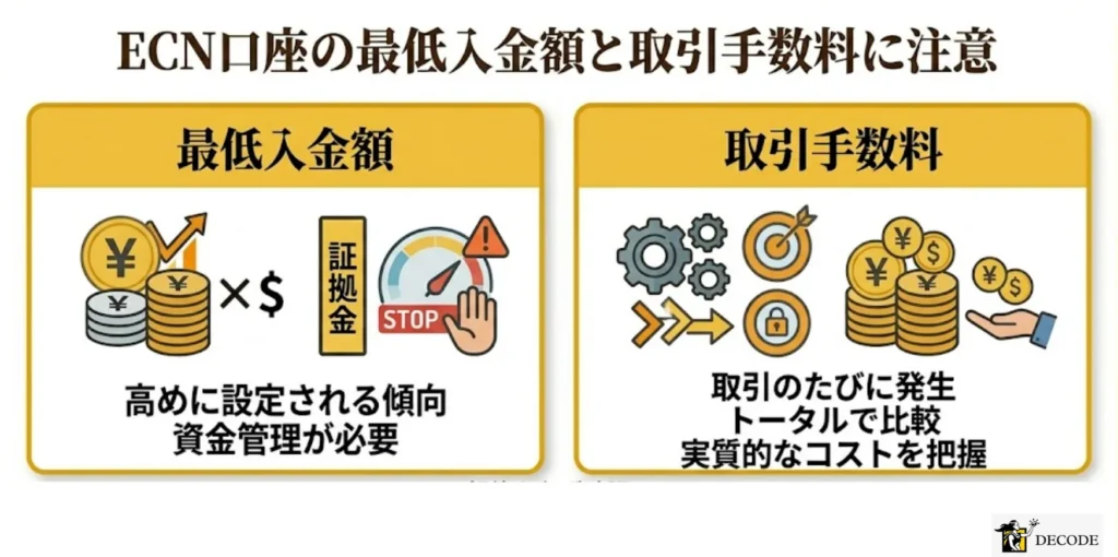ECN口座の最低入金額と取引手数料に注意
