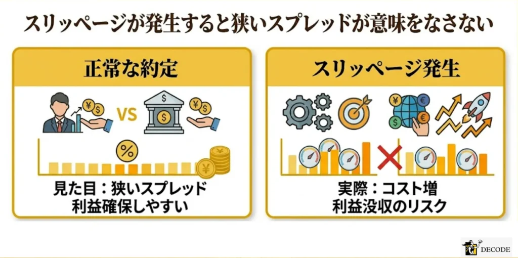 スリッページが発生すると狭いスプレッドが意味をなさない