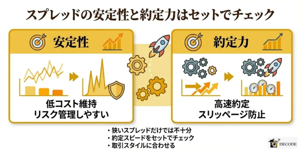 スプレッドの安定性と約定力はセットでチェック